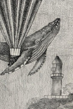 A surreal illustration of a Hot Air Balloon flying along with a Blue Whale overlooking a lighthouse.