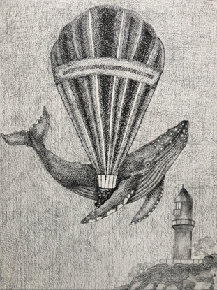 A surreal illustration of a Hot Air Balloon flying along with a Blue Whale overlooking a lighthouse.