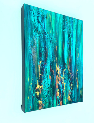 Impressionist Abstracted Landscape Painting on stretched canvas depicting shimmering light through a forest of trees, predominantly turquoise, green and gold.