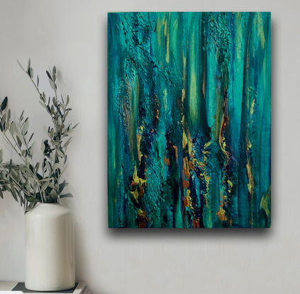 Impressionist Abstracted Landscape Painting on stretched canvas depicting shimmering light through a forest of trees, predominantly turquoise, green and gold.