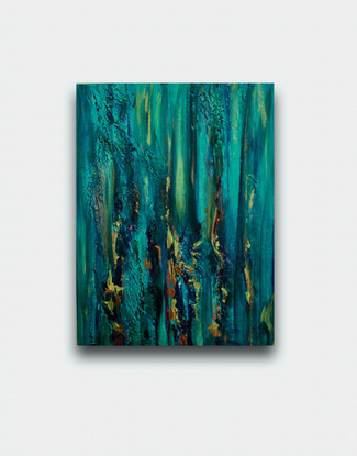 Impressionist Abstracted Landscape Painting on stretched canvas depicting shimmering light through a forest of trees, predominantly turquoise, green and gold.