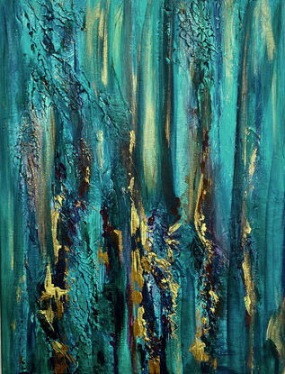 Impressionist Abstracted Landscape Painting on stretched canvas depicting shimmering light through a forest of trees, predominantly turquoise, green and gold.