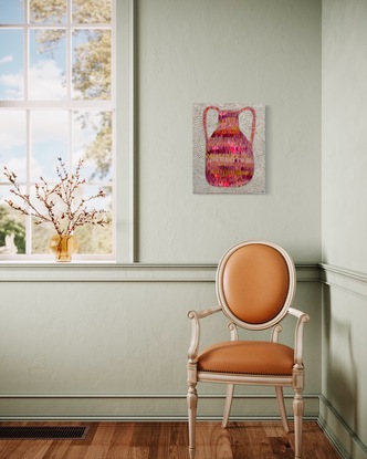 A still life of a quirky urn in rich vibrant colours against a textured background. An urn tells a story- A story of life and memories. The background has line tracks in patterns. The simplicity of design and colour combination will give that small space a pop of contemporary art. 