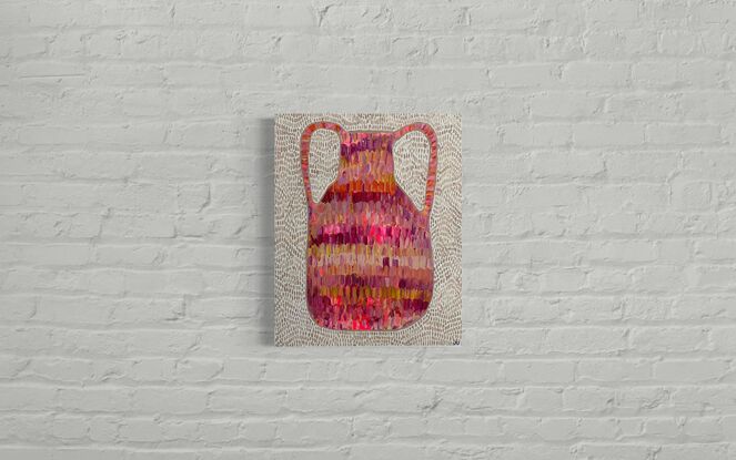 A still life of a quirky urn in rich vibrant colours against a textured background. An urn tells a story- A story of life and memories. The background has line tracks in patterns. The simplicity of design and colour combination will give that small space a pop of contemporary art. 