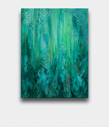 A small textured abstract landscape painting on canvas in various shades of green with gold, depicting light through the forest treetops