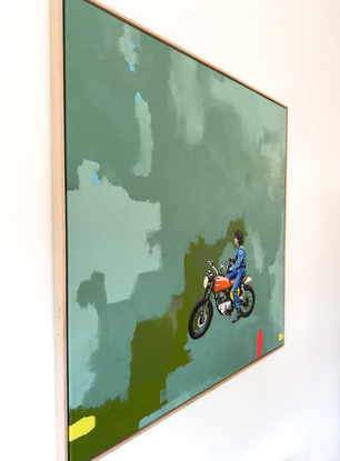 acrylic painting of man on motorcycle on abstract green back background