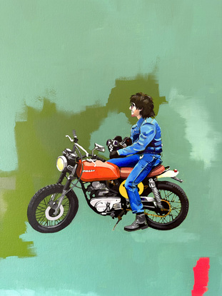 acrylic painting of man on motorcycle on abstract green back background