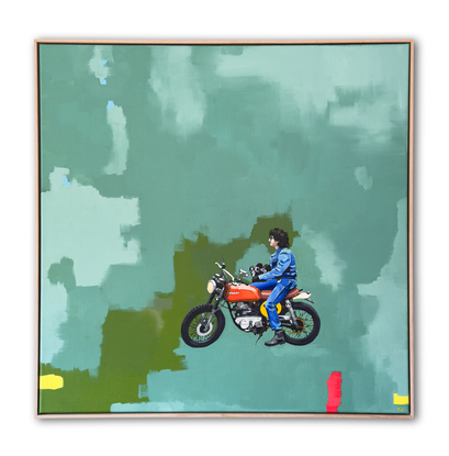 acrylic painting of man on motorcycle on abstract green back background