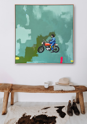 acrylic painting of man on motorcycle on abstract green back background