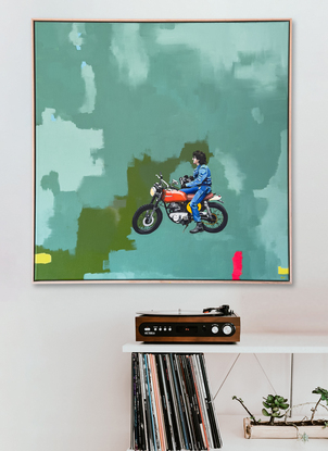 acrylic painting of man on motorcycle on abstract green back background