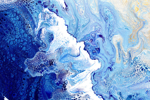 ABSTRACT painting that gives the impression of soothing ocean waves lapping in to soft sandy beach with slow easy waves creating crests of whie..  The intricate mosaic pattern within the tonal blue hues and tones of deep and light blue plusthe glimmering metallics adds added interest and intrigue.
The closer you get to the painting the more of the interesting details and patterns you can see. Metallics add an extra depth because the painting changes personality when one views from different angles.
although it is an impressionistic abstract, it still has a sense of motion of waves moving and frothing white shoreline