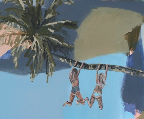 Girls swing on beach palm tree 