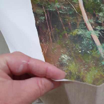 Large landscape painting by Victoria Collins, showing lush Australian sapling forest with layers of delicate marks from very dark blue and chocolate to pale teal and dusty mauve.