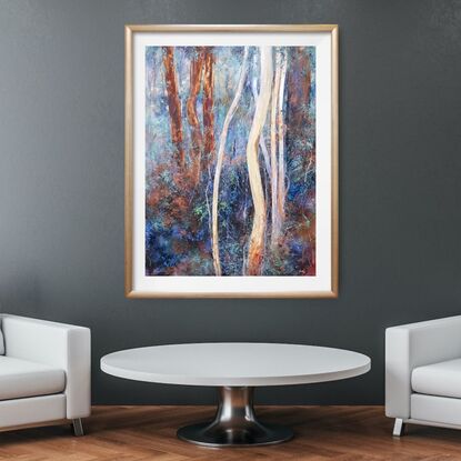 Large landscape painting by Victoria Collins, showing lush Australian sapling forest with layers of delicate marks from very dark blue and chocolate to pale teal and dusty mauve.