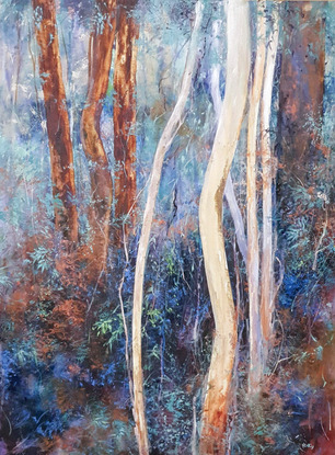 Large landscape painting by Victoria Collins, showing lush Australian sapling forest with layers of delicate marks from very dark blue and chocolate to pale teal and dusty mauve.