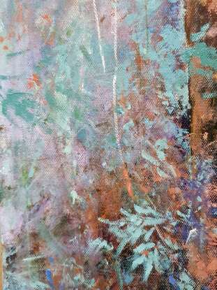 Large landscape painting by Victoria Collins, showing lush Australian sapling forest with layers of delicate marks from very dark blue and chocolate to pale teal and dusty mauve.