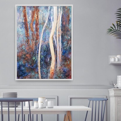 Large landscape painting by Victoria Collins, showing lush Australian sapling forest with layers of delicate marks from very dark blue and chocolate to pale teal and dusty mauve.