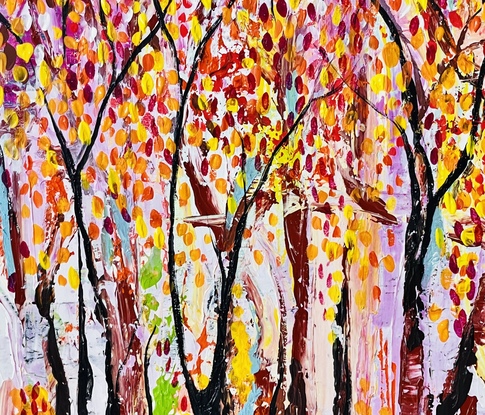 A large textured Abstract impressionistic Natures trees cape pallet knife 
Vibrant colours warm yellow ,cool yellow , blue , are captured with a rich berry burgundy back ground at the top of this painting , cool yellow highlights ‘ red and orang warm yellow falling leaves of burnt sienna dried leaves white and light blue background ‘ tall black and raw umber trees entwined naturally around each other 
Winding branches wiggling their way through the bark of the tall black trees in natures forrest 
Yellow highlighted leaves reflecting off the sun in back ground a touch of mauve white green to high light 
Thick Acrylic paste gives the texture all over the canvas 
An inspiration of our nature 
This painting was painted with a pallet knife finishing touches painted with brushes 
And comes with a Certificate Of Authenticity wire on back ready to hang , and signed on the front and back of canvas  packed for a safe free delivery 