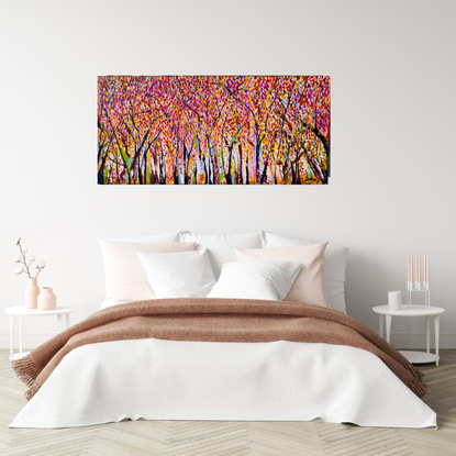 A large textured Abstract impressionistic Natures trees cape pallet knife 
Vibrant colours warm yellow ,cool yellow , blue , are captured with a rich berry burgundy back ground at the top of this painting , cool yellow highlights ‘ red and orang warm yellow falling leaves of burnt sienna dried leaves white and light blue background ‘ tall black and raw umber trees entwined naturally around each other 
Winding branches wiggling their way through the bark of the tall black trees in natures forrest 
Yellow highlighted leaves reflecting off the sun in back ground a touch of mauve white green to high light 
Thick Acrylic paste gives the texture all over the canvas 
An inspiration of our nature 
This painting was painted with a pallet knife finishing touches painted with brushes 
And comes with a Certificate Of Authenticity wire on back ready to hang , and signed on the front and back of canvas  packed for a safe free delivery 