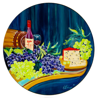 This painting a culinary of still life on a round canvas 
The back ground is a mixture of deep ocean green beige, white and yellow oxide with cool blue , aqua green, raw sienna, burnt umber ‘ it has is red labeled  Penfolds Australian wine  and burgundy coloured bottle as it is red wine bottle with a cream label 
The Swiss cheese is very yummy and just enjoying to the taste ‘sip and relax in this atmospheric painting 
A succulent botanical painting ‘ ideal for the dinning or kitchen area open plan living , games room ‘ outdoor area pool area 
A modern touch to that deserving buyer a luscious green and purple pallet with a rich dark highlighted back ground ,it is framed with a round timber frame attached 
And wire on back ready to hang 
It is varnished to protect against dust or water or ultraviolet light ‘ easy cleaning 
A cool painting for your delight 
Acrylic paint and liquid flow paint 
Comes with a certificate Of Authenticity 
