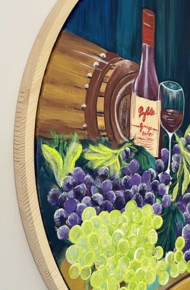 This painting a culinary of still life on a round canvas 
The back ground is a mixture of deep ocean green beige, white and yellow oxide with cool blue , aqua green, raw sienna, burnt umber ‘ it has is red labeled  Penfolds Australian wine  and burgundy coloured bottle as it is red wine bottle with a cream label 
The Swiss cheese is very yummy and just enjoying to the taste ‘sip and relax in this atmospheric painting 
A succulent botanical painting ‘ ideal for the dinning or kitchen area open plan living , games room ‘ outdoor area pool area 
A modern touch to that deserving buyer a luscious green and purple pallet with a rich dark highlighted back ground ,it is framed with a round timber frame attached 
And wire on back ready to hang 
It is varnished to protect against dust or water or ultraviolet light ‘ easy cleaning 
A cool painting for your delight 
Acrylic paint and liquid flow paint 
Comes with a certificate Of Authenticity 
