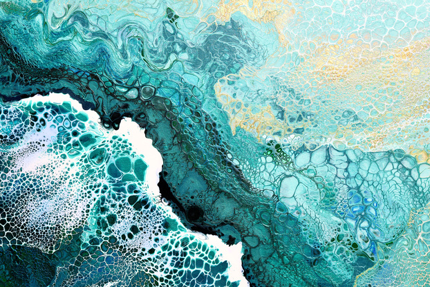 ABSTRACT painting that gives the impression of soothing ocean waves lapping in to soft sandy beach with slow easy waves creating crests of white..  The intricate mosaic pattern within the tonal blue hues and tones of deep and light blue plus the glimmering metallics adds added interest and intrigue.
The closer you get to the painting the more of the interesting details and patterns you can see. Metallics add an extra depth because the painting changes personality when one views from different angles.
although it is an impressionistic abstract, it still has a sense of motion of waves moving and frothing white shoreline