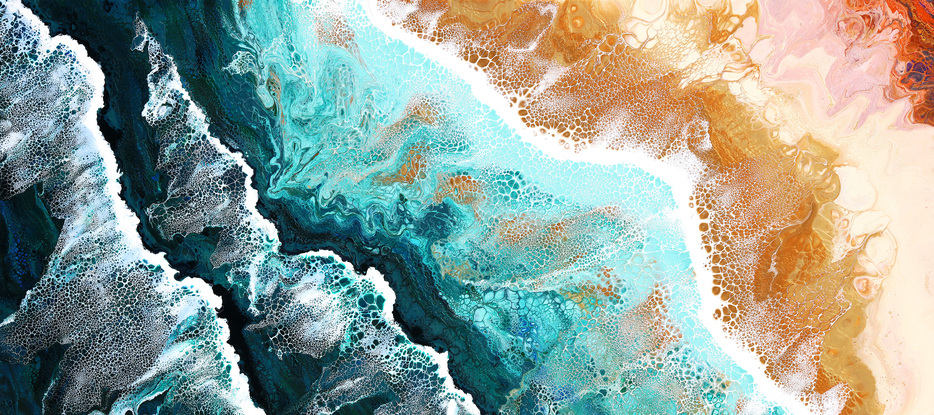 ABSTRACT painting that gives the impression of soothing ocean waves lapping in to soft sandy beach with slow easy waves creating crests of white..  The intricate mosaic pattern within the tonal blue hues and tones of deep and light blue plus the glimmering metallics adds added interest and intrigue.
The closer you get to the painting the more of the interesting details and patterns you can see. Metallics add an extra depth because the painting changes personality when one views from different angles.
although it is an impressionistic abstract, it still has a sense of motion of waves moving and frothing white shoreline