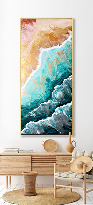 ABSTRACT painting that gives the impression of soothing ocean waves lapping in to soft sandy beach with slow easy waves creating crests of white..  The intricate mosaic pattern within the tonal blue hues and tones of deep and light blue plus the glimmering metallics adds added interest and intrigue.
The closer you get to the painting the more of the interesting details and patterns you can see. Metallics add an extra depth because the painting changes personality when one views from different angles.
although it is an impressionistic abstract, it still has a sense of motion of waves moving and frothing white shoreline