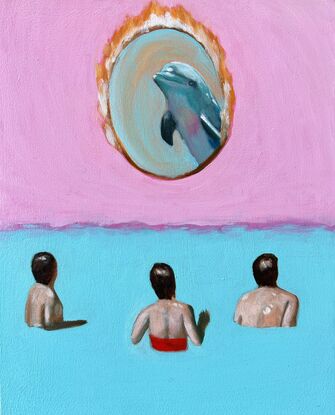 In the top half dolphin in a flaming hoop hovers on a pink background. In the bottom half a group of swimmers on a blue background look up at the dolphin.