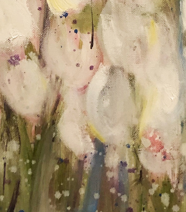 Pretty White tulips spot lit by the sun shimmy amongst friends on the dance floor of life.  Botanical. Fresh pretty piece.

This price is for one (1) painting of Tulip Disco.   
Looks great as part of optional Triptych -  pieces available separately.  See image 3. 

