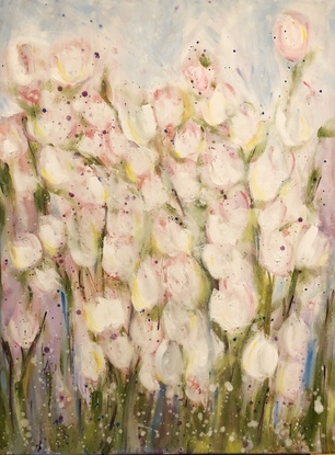 Pretty White tulips spot lit by the sun shimmy amongst friends on the dance floor of life.  Botanical. Fresh pretty piece.

This price is for one (1) painting of Tulip Disco.   
Looks great as part of optional Triptych -  pieces available separately.  See image 3. 

