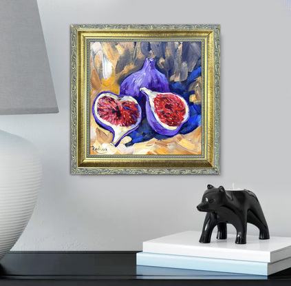 Figs original painting by Irina Redine.  Fruit small artwork framed and ready to hang, gift idea