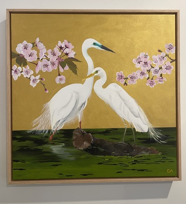 Egrets with cherry blossoms on gold background