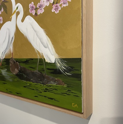 Egrets with cherry blossoms on gold background