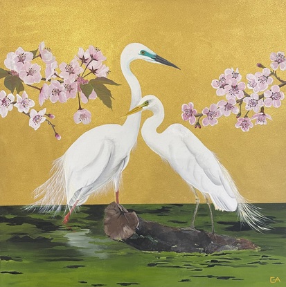 Egrets with cherry blossoms on gold background