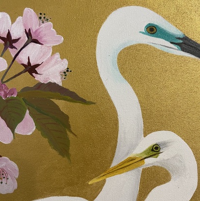 Egrets with cherry blossoms on gold background