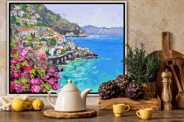 pink bougainvillea in the foreground of  this Amalfi mediterannean seascape textured oil painting.  Turquoise mediterannean water, charming hillside villas and a scenic ocean road.  