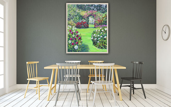 A textured oil painting of a country garden with climbing roses over a garden arch, tall trees, white and pink flowers in the front and a big green lawn with a grass path passing under the arch.