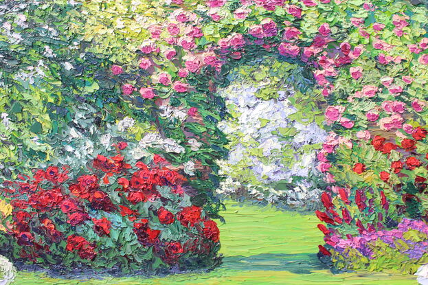 A textured oil painting of a country garden with climbing roses over a garden arch, tall trees, white and pink flowers in the front and a big green lawn with a grass path passing under the arch.