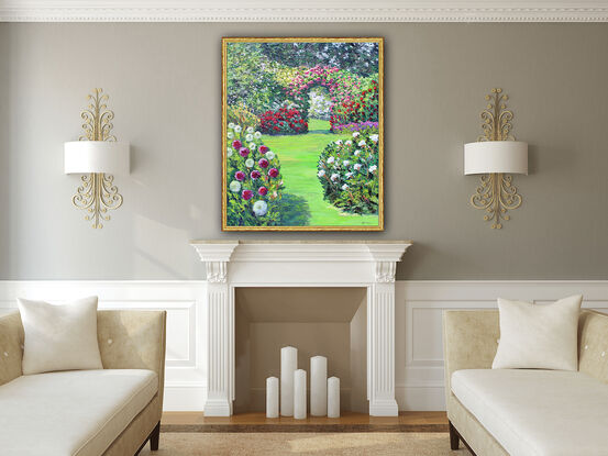 A textured oil painting of a country garden with climbing roses over a garden arch, tall trees, white and pink flowers in the front and a big green lawn with a grass path passing under the arch.