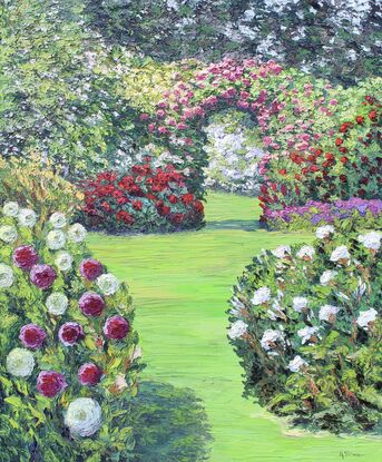 A textured oil painting of a country garden with climbing roses over a garden arch, tall trees, white and pink flowers in the front and a big green lawn with a grass path passing under the arch.