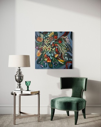 A vibrant bunch of Native Australian flowers expressively painted on a dark blue and green background.