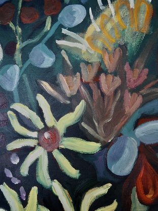 A vibrant bunch of Native Australian flowers expressively painted on a dark blue and green background.