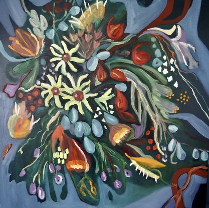 A vibrant bunch of Native Australian flowers expressively painted on a dark blue and green background.