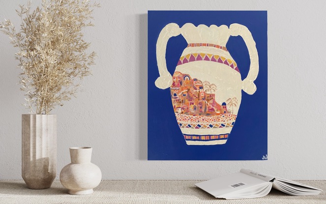 The textured vessel on blue background has a delightful oasis scene down the side. It’s a Mediterranean. Moroccan, bohemian vibe. Stretched canvas with  painted sides.  There is another vessel listed as well.