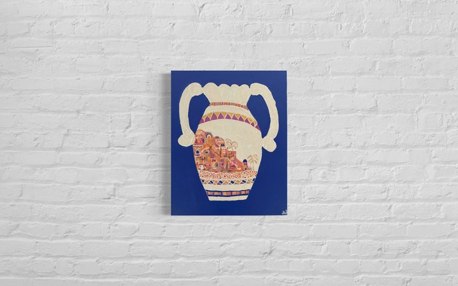 The textured vessel on blue background has a delightful oasis scene down the side. It’s a Mediterranean. Moroccan, bohemian vibe. Stretched canvas with  painted sides.  There is another vessel listed as well.