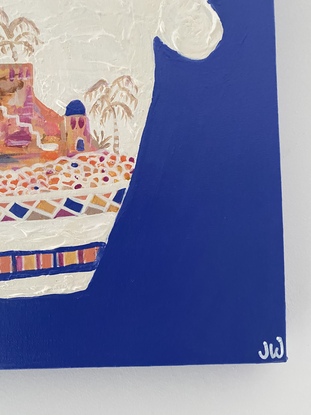 The textured vessel on blue background has a delightful oasis scene down the side. It’s a Mediterranean. Moroccan, bohemian vibe. Stretched canvas with  painted sides.  There is another vessel listed as well.