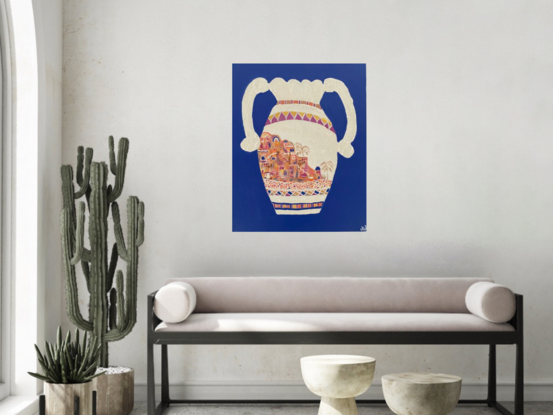 The textured vessel on blue background has a delightful oasis scene down the side. It’s a Mediterranean. Moroccan, bohemian vibe. Stretched canvas with  painted sides.  There is another vessel listed as well.