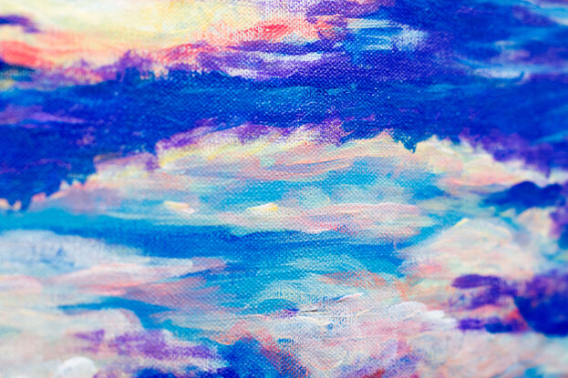 Layered colourful clouds cover the canvas with bright blue and purple tones and the occasional pop of orangey pink.