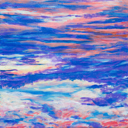 Layered colourful clouds cover the canvas with bright blue and purple tones and the occasional pop of orangey pink.